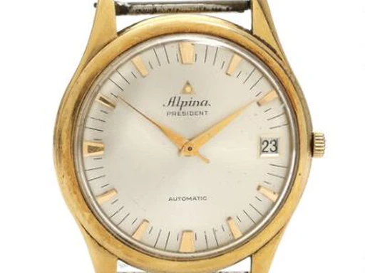 Title: President of 18k gold, Automatic, 35 mm, 1950s
Brand: Alpina
Model: President
Ref: null
Category: Dress
Diameter: 35mm
Functions: Dato
Year: 1950
Price: 5000
Condition: undefined
Dial Color: Sølv
Strap: Andet
Case material: Guld
Gender: Herre
Match: 100.0%
Billedet er ejet af Bruun Rasmussen (417415) Et Alpina ur