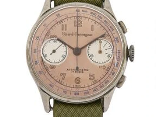 Title: Salmon Dial af stål med mekanisk kronograf og manuel optrækning fra 1950'erne (New)
Brand: Girard-Perregaux
Model: Salmon Dial
Ref: null
Category: Racing
Diameter: 38mm
Functions: Kronograf
Year: 1950
Price: 7000
Condition: undefined
Dial Color: Rød
Strap: Andet
Case material: Stål
Gender: Herre
Match: 100.0%
Billedet er ejet af Bruun Rasmussen (467471) Et Girard-Perregaux ur