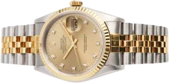 Title: Datejust of 18k gold and steel with diamond-set dial, ref. 16233 (New)
Brand: Rolex
Model: Datejust
Ref: 16233
Category: Dress
Diameter: 36mm
Functions: Dato
Year: 1991
Price: 47500
Condition: 6.0
Dial Color: Guld
Strap: Metal
Case material: Guld
Gender: Herre
Match: 100.0%
Billedet er ejet af Bruun Rasmussen (904727) Et Rolex ur