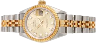 Title: Datejust 69173 af 18 karat guld og stål med diamantindfattede timeindeks
Brand: Rolex
Model: Datejust
Ref: 69173
Category: Dress
Diameter: 26mm
Functions: Dato
Year: 1992
Price: 35000
Condition: 7.0
Dial Color: Guld
Strap: Metal
Case material: Guld
Gender: Dame
Match: 100.0%
Billedet er ejet af Bruun Rasmussen (904707) Et Rolex ur