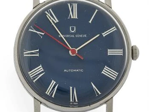 Title: herreur i stål med automatisk optræk, ref. 858105, 1960'erne
Brand: Universal Geneve
Model: 
Ref: 858105
Category: Dress
Diameter: 34mm
Functions: Dato
Year: 1960
Price: 3500
Condition: undefined
Dial Color: Blå
Strap: Andet
Case material: Stål
Gender: Herre
Match: 100.0%
Billedet er ejet af Bruun Rasmussen (417417) Et Universal Geneve ur