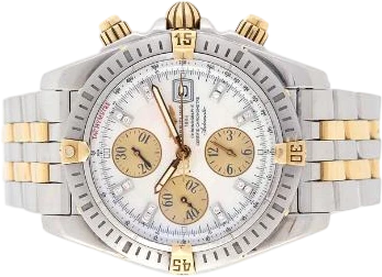 Titel: Chronomat Evolution i 18 kt. guld og stål med perlemorsskive og diamantindeks
Mærke: Breitling
Model: Chronomat Evolution
Ref.: B13356
Årgang: 2005
Tilbehør:
Pris: 20.000 kr.
Diameter: 44mm
Funktioner: Kronograf, Dato
Skivefarve: Hvid
Rem: Metal
Kassemateriale: Stål
Kategori: Racing
Køn: Herre
Match: 100.0%
Billedet ejes af Bruun Rasmussen (1134154) Et Breitling ur