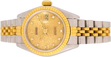 Titel: Datejust 69173 18 kt. guld og stål med diamanter, 1988 (Nyhed)
Mærke: Rolex
Model: Datejust
Ref.: 69173
Årgang: 1988
Tilbehør: Boks
Stand: 7.0 (Brugt)
Pris: 35.000 kr.
Diameter: 26mm
Funktioner: Dato
Skivefarve: Guld
Rem: Metal
Kassemateriale: Guld
Kategori: Dress
Køn: Dame
Match: 100.0%
Billedet ejes af Bruun Rasmussen (1057285) Et Rolex ur