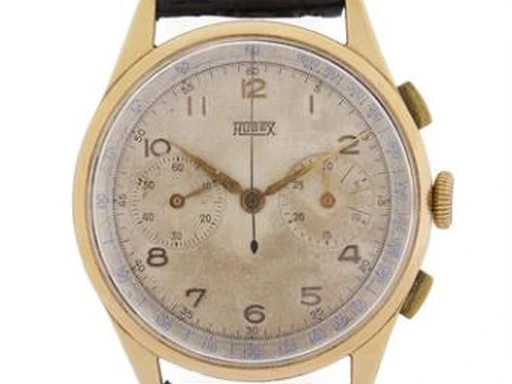 Title: Wristwatch i 18k guld med mekanisk kronograf (1960s) (New)
Brand: Hugex
Model:
Ref: null
Category: Dress
Diameter: 38mm
Functions: Kronograf
Year: 1960
Price: 3500
Condition: undefined
Dial Color: Sort
Strap: Læder
Case material: Guld
Gender: Herre
Match: 100.0%
Billedet er ejet af Bruun Rasmussen (317644) Et Hugex ur