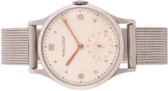 Titel: stålarmbåndsur med manuelt optræk, kaliber P 469/A (Nyhed)
Mærke: Jaeger-LeCoultre
Model: Armbåndsur
Ref.: 935/1
Årgang: 1945
Tilbehør:
Pris: 11.000 kr.
Diameter: 31mm
Funktioner:
Skivefarve: Hvid
Rem: Metal
Kassemateriale: Stål
Kategori: Dress
Køn: Unisex
Match: 100.0%
Billedet ejes af Bruun Rasmussen (1205417) Et Jaeger-LeCoultre ur