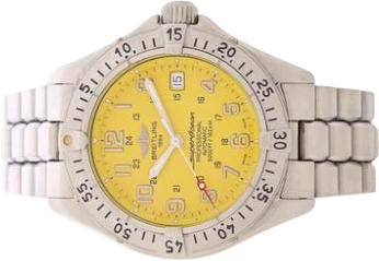 Title: Superocean of steel, ref. A17345, automatic with date, 2000s
Brand: Breitling
Model: Superocean
Ref: A17345
Category: Dykker
Diameter: 42mm
Functions: Dato
Year: 2000
Price: 12000
Condition: 7.0
Dial Color: Gul
Strap: Metal
Case material: Stål
Gender: Herre
Match: 100.0%
Billedet er ejet af Bruun Rasmussen (628714) Et Breitling ur