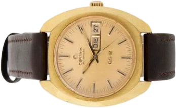 Title: DS-2 guldplated stål ref. 346 825 fra 1970'erne
Brand: Certina
Model: DS-2
Ref: 346 825
Category: Dress
Diameter: 38mm
Functions: Dato, Ugedag
Year: 1970
Price: 3500
Condition: 7.0
Dial Color: Guld
Strap: Læder
Case material: Andet
Gender: Herre
Match: 100.0%
Billedet er ejet af Bruun Rasmussen (628719) Et Certina ur