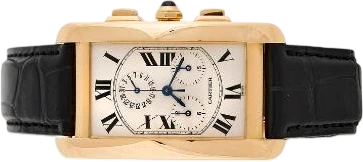 Titel: Tank Américaine of 18k gold, ref. 1730 (Nyhed)
Mærke: Cartier
Model: Tank Américaine
Ref.: 1730
Kategori: Dress
Diameter: 26mm
Funktioner: Kronograf, Dato
Årgang: 2001
Pris: 45000
Stand: 8.5 (Brugt)
Skivefarve: Hvid
Rem: Læder
Kassemateriale: Guld
Køn: Dame
Match: 100.0%
Billedet ejes af Bruun Rasmussen (963584) Et Cartier ur