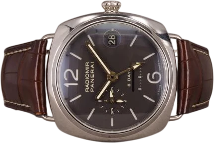 Titel: Radiomir 8-Days GMT Platin
Mærke: Panerai
Model: Radiomir 8 Days GMT Platinum
Ref.: PAM201
Kategori: Dress
Diameter: 45mm
Funktioner: GMT, Dato
Årgang: 2010
Pris: 150000
Stand: 8.0 (Brugt)
Skivefarve: Brun
Rem: Læder
Kassemateriale: Guld
Køn: Herre
Match: 100.0%
Billedet ejes af Chrono (944955) Et Panerai ur