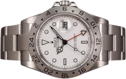 Titel: Explorer II 16570 Cal. 3186 (Nyhed)
Mærke: Rolex
Model: Explorer II Cal 3186
Ref.: 16570
Kategori: Sport
Diameter: 40mm
Funktioner: GMT, Dato
Årgang: 2008
Pris: 58000
Stand: 8.0 (Brugt)
Skivefarve: Hvid
Rem: Metal
Kassemateriale: Stål
Køn: Herre
Match: 100.0%
Billedet ejes af Chrono (978406) Et Rolex ur