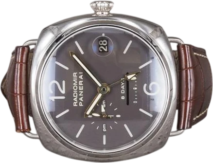 Title: Radiomir 8-Days GMT Platin
Brand: Panerai
Model: Radiomir 8-Days GMT Platinum
Ref: PAM201 / PAM00201
Category: Dress
Diameter: 45mm
Functions: Dato, GMT
Year: 2005
Price: 170000
Condition: 8.0
Dial Color: Brun
Strap: Læder
Case material: Andet
Gender: Herre
Match: 100.0%
Billedet er ejet af Chrono (101375) Et Panerai ur