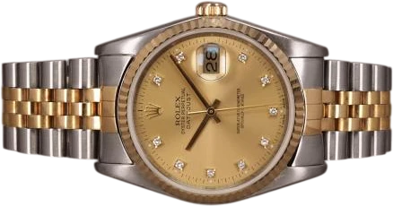 Title: Datejust G/S 16233 - Diamant skive
Brand: Rolex
Model: Datejust G/S
Ref: 16233
Category: Dress
Diameter: 36mm
Functions: Dato
Year: 1987
Price: 47000
Condition: 8.0
Dial Color: Guld
Strap: Metal
Case material: Stål
Gender: Herre
Match: 100.0%
Billedet er ejet af Chrono (668132) Et Rolex ur