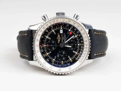 Title: Navitimer World
Brand: Breitling
Model: Navitimer World
Ref: A24322
Category: Pilot
Diameter: 46mm
Functions: Dato, Kronograf
Year:
Price: 22299
Condition: 7.0
Dial Color: Sort
Strap: Læder
Case material: Stål
Gender: Herre
Match: 100.0%
Billedet er ejet af Chrono Collective (471977) Et Breitling ur