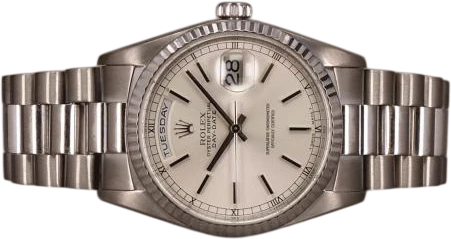 Title: Day-Date WG 18239
Brand: Rolex
Model: Day-Date White Gold
Ref: 18239
Category: Dress
Diameter: 36mm
Functions: Dato, Ugedag
Year: 1999
Price: 135000
Condition: 8.0
Dial Color: Sølv
Strap: Metal
Case material: Guld
Gender: Herre
Match: 100.0%
Billedet er ejet af Chrono (862848) Et Rolex ur