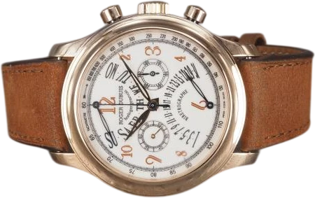Title: Hommage Bi-retrograde 18K
Brand: Roger Dubuis
Model: Hommage Chronograph Bi-retrograde 18K
Ref: H40-5630
Category: Racing
Diameter: 40mm
Functions: Kronograf, Dato, Ugedag
Year: 2000
Price: 300000
Condition: 8.0
Dial Color: Hvid
Strap: Læder
Case material: Guld
Gender: Herre
Match: 100.0%
Billedet er ejet af Chrono (101372) Et Roger Dubuis ur