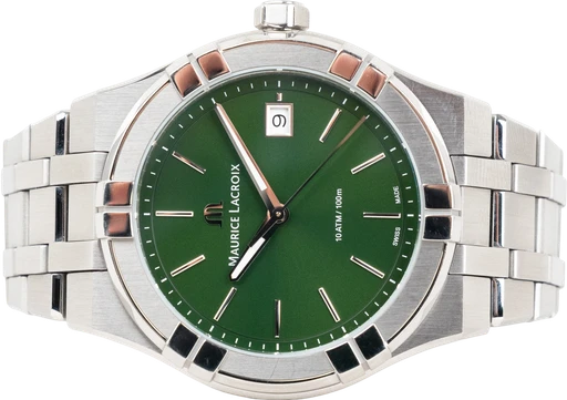 Title: Aikon (New)
Brand: Maurice Lacroix
Model: Aikon
Ref: ai1108
Category: Dress
Diameter: 40mm
Functions: Dato
Year:
Price: 4999
Condition: 9.0
Dial Color: Grøn
Strap: Metal
Case material: Stål
Gender: Herre
Match: 100.0%
Billedet er ejet af Chrono Collective (904738) Et Maurice Lacroix ur
