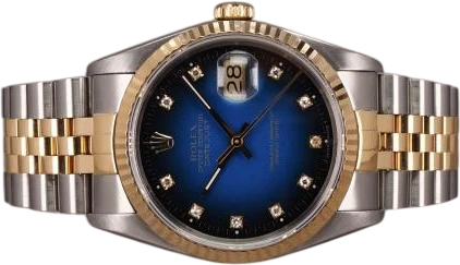 Title: Datejust G/S 16233 - Vignette diamant skive
Brand: Rolex
Model: Datejust G/S
Ref: 16233
Category: Dress
Diameter: 36mm
Functions: Dato
Year: 1991
Price: 55000
Condition: 8.0
Dial Color: Blå
Strap: Metal
Case material: Stål
Gender: Herre
Match: 100.0%
Billedet er ejet af Chrono (527337) Et Rolex ur