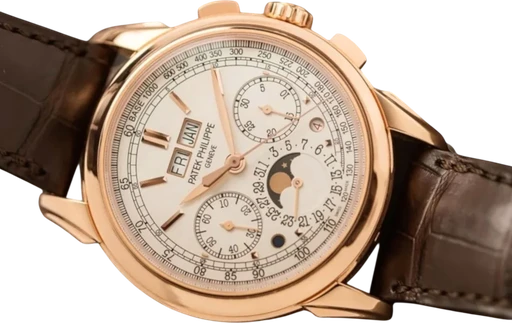 Title: Perpetual Calendar Chronograph Ref. 5270R
Brand: Patek Philippe
Model: Perpetual Calendar Chronograph
Ref: 5270R
Category: Dress
Diameter: 41mm
Functions: Kronograf, Dato, Ugedag, Månefase
Year:
Price:
Condition:
Dial Color: Hvid
Strap: Læder
Case material: Guld
Gender: Herre
Match: 100.0%
Billedet er ejet af ETP Watches (155472) Et Patek Philippe ur