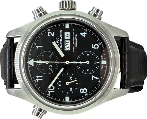 Title: Pilot Double Chronograph (New)
Brand: IWC
Model: Flieger Chrono
Ref: IW3713-003
Category: Pilot
Diameter: 42mm
Functions: Kronograf, Dato, Ugedag
Year: 2003
Price: 37000
Condition:
Dial Color: Sort
Strap: Læder
Case material: Stål
Gender: Herre
Match: 100.0%
Billedet er ejet af Franz Jaeger & Me (815162) Et IWC ur