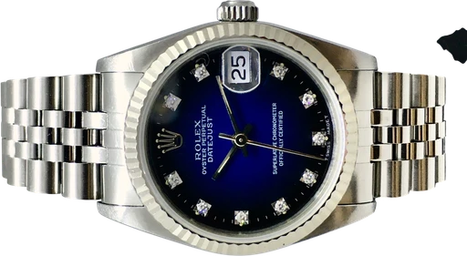 Title: Datejust 31 Diamant skive
Brand: Rolex
Model: Datejustskive med Diamanter
Ref: 68274
Category: Dress
Diameter: 31mm
Functions: Dato
Year: 1996
Price: 56000
Condition:
Dial Color: Blå
Strap: Metal
Case material: Stål
Gender: Unisex
Match: 100.0%
Billedet er ejet af Franz Jaeger & Me (725376) Et Rolex ur