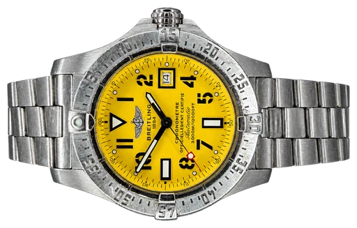 Titel: Avenger Seawolf Gul skive
Mærke: Breitling
Model: Avenger Seawolf
Ref.: A1733010
Årgang: 2014
Tilbehør: Boks og Papirer
Pris: 19.000 kr.
Diameter: 45mm
Funktioner: Dato
Skivefarve: Gul
Rem: Metal
Kassemateriale: Stål
Kategori: Dykker
Køn: Herre
Match: 100.0%
Billedet ejes af Franz Jaeger & Me (832603) Et Breitling ur