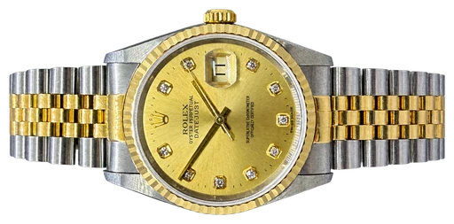 Titel: Datejust 36 Guld/stål m. diamanter
Mærke: Rolex
Model: Datejust 36
Ref.: 16233
Årgang: 1995
Tilbehør: Boks
Pris: 58.000 kr.
Diameter: 36mm
Funktioner: Dato
Skivefarve: Guld
Rem: Metal
Kassemateriale: Andet
Kategori: Dress
Køn: Unisex
Match: 100.0%
Billedet ejes af Franz Jaeger & Me (101810) Et Rolex ur