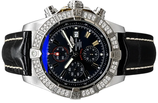 Titel: Super Avenger med Diamanter
Mærke: Breitling
Model: Super Avenger
Ref.: A13370
Årgang: 2011
Tilbehør:
Pris: 48.000 kr.
Diameter: 48mm
Funktioner: Kronograf, Dato
Skivefarve: Sort
Rem: Læder
Kassemateriale: Stål
Kategori: Sport
Køn: Herre
Match: 100.0%
Billedet ejes af Franz Jaeger & Me (101781) Et Breitling ur