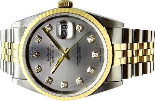 Title: Datejust 36 G/S Grå Diamantskive.
Brand: Rolex
Model: Datejust 36
Ref: 16233
Category: Dress
Diameter: 36mm
Functions: Dato
Year: 1996
Price: 58000
Condition:
Dial Color: Grå
Strap: Metal
Case material: Guld
Gender: Herre
Match: 100.0%
Billedet er ejet af Franz Jaeger & Me (101793) Et Rolex ur