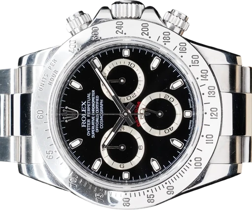 Titel: Daytona 116520 (Nyhed)
Mærke: Rolex
Model: Daytona
Ref.: 116520
Årgang: 2009
Tilbehør: Boks og Papirer
Stand: 9.0 (Brugt)
Pris: 139.995 kr.
Diameter: 40mm
Funktioner: Kronograf
Skivefarve: Sort
Rem: Metal
Kassemateriale: Stål
Kategori: Racing
Køn: Herre
Match: 100.0%
Billedet ejes af GP Watches (1209919) Et Rolex ur