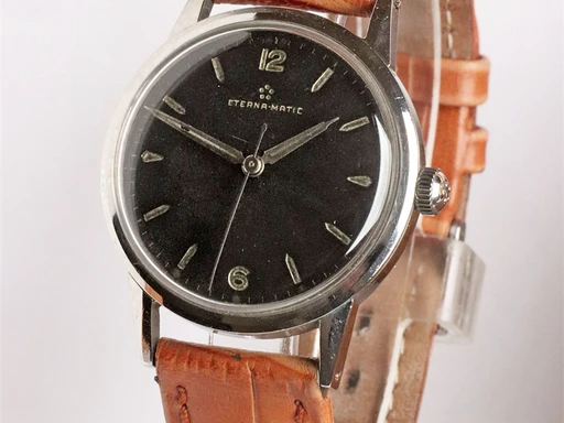 Title: Matic
Brand: Eterna
Model: Eterna Matic
Ref: KU2185 / 3658966
Category: Dress
Diameter: 34mm
Functions:
Year: 1950
Price: 4000
Condition: 6.0
Dial Color: Sort
Strap: Læder
Case material: Stål
Gender: Herre
Match: 100.0%
Billedet er ejet af Krognos (102299) Et Eterna ur