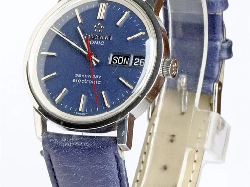Title: Sonic Sevenday Electronic
Brand: Eterna
Model: Sonic Sevenday Electronic
Ref: KU2939 / 5937619
Category: Dress
Diameter: 35mm
Functions: Dato, Ugedag
Year: 1960
Price: 5000
Condition: 6.0
Dial Color: Blå
Strap: Læder
Case material: Stål
Gender: Unisex
Match: 100.0%
Billedet er ejet af Krognos (102314) Et Eterna ur