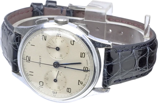 Title: KU3585
Brand: Jaquet
Model: KU3585
Ref: KU3585
Category: Dress
Diameter: 36mm
Functions: Kronograf
Year: 1950
Price: 10800
Condition: 6.0
Dial Color: Hvid
Strap: Læder
Case material: Stål
Gender: Herre
Match: 100.0%
Billedet er ejet af Krognos (102343) Et Jaquet ur