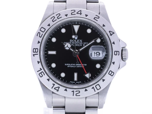 Title: 'Explorer II'. Herreur af stål med sort skive ref. 16570
Brand: Rolex
Model: Explorer II
Ref: 16570
Category: Sport
Diameter: 40mm
Functions: Dato, GMT
Year:
Price: 58000
Condition: 8.0
Dial Color: Sort
Strap: Metal
Case material: Stål
Gender: Herre
Match: 100.0%
Billedet er ejet af Lauritz (530714) Et Rolex ur