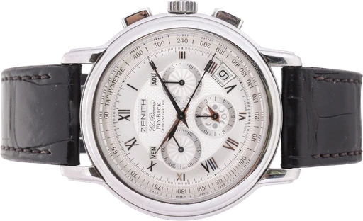 Titel: El Primero Chronometre Fly-Back herreur af stål, ref. 03.1250.4009
Mærke: Zenith
Model: El Primero Chronometre Fly-Back
Ref.: 03.1250.4009
Årgang:
Tilbehør:
Stand: 7.0 (Brugt)
Pris: 40.000 kr.
Diameter: 43mm
Funktioner: Kronograf, Dato, Ugedag
Skivefarve: Sølv
Rem: Læder
Kassemateriale: Stål
Kategori: Racing
Køn: Herre
Match: 100.0%
Billedet ejes af Lauritz (922481) Et Zenith ur