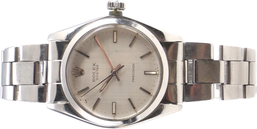 Titel: Oyster Precision. Herrearmbåndsur i stål
Mærke: Rolex
Model: Oyster Precision
Ref.: 6426
Årgang: 1976
Tilbehør:
Stand: 6.0 (Brugt)
Pris: 18.500 kr.
Diameter: 34mm
Funktioner:
Skivefarve: Sølv
Rem: Metal
Kassemateriale: Stål
Kategori: Dress
Køn: Herre
Match: 100.0%
Billedet ejes af Lauritz (952181) Et Rolex ur