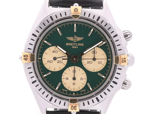 Title: Callisto herrearmbåndsur af stål og 18 kt guld med grøn urskive
Brand: Breitling
Model: Callisto
Ref: B11045
Category: Racing
Diameter: 36mm
Functions: Kronograf
Year: null
Price: 16000
Condition: undefined
Dial Color: Grøn
Strap: Læder
Case material: Stål
Gender: Herre
Match: 100.0%
Billedet er ejet af Lauritz (450905) Et Breitling ur