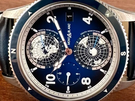 Title: Geosphere 42 mm
Brand: Montblanc
Model: 1858 Geosphere 126565
Ref: null
Category: Pilot
Diameter: 42mm
Functions: Dato, GMT, Verdensur
Year: null
Price: 32000
Condition: undefined
Dial Color: Blå
Strap: Læder
Case material: Titanium
Gender: Herre
Match: 100.0%
Billedet er ejet af Limited Watches (152341) Et Montblanc ur