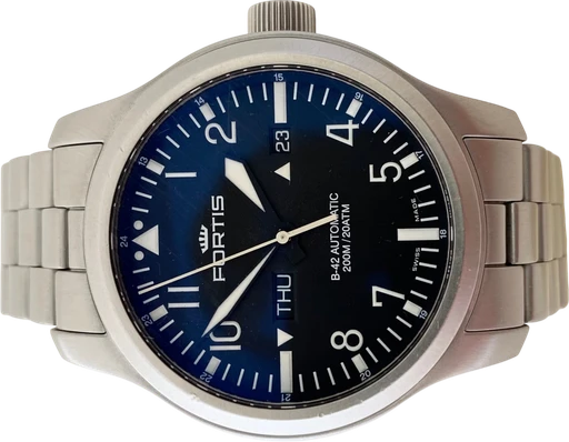 Titel: B-42 (Nyhed)
Mærke: Fortis
Model: B-42
Ref.: 655.10.158
Årgang: 2012
Tilbehør:
Stand: 8.5 (Brugt)
Pris: 6.995 kr.
Diameter: 42mm
Funktioner: Dato, Ugedag
Skivefarve: Sort
Rem: Metal
Kassemateriale: Stål
Kategori: Pilot
Køn: Herre
Match: 100.0%
Billedet ejes af MyWatch (1005288) Et Fortis ur