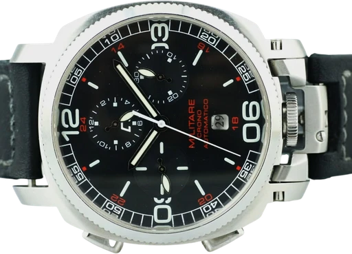 Titel: Militara (Nyhed)
Mærke: Anonimo
Model: Militara
Ref.: 2010
Årgang: 2007
Tilbehør: Boks og Papirer
Stand: 9.8 (Brugt)
Pris: 13.995 kr.
Diameter: 44mm
Funktioner: Kronograf, Dato
Skivefarve: Sort
Rem: Læder
Kassemateriale: Stål
Kategori: Racing
Køn: Herre
Match: 100.0%
Billedet ejes af MyWatch (1068018) Et Anonimo ur