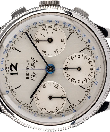 Title: Sky Chief Chronograph "Tachymeter"
Brand: Benrus
Model: Sky Chief Chronograph "Tachymeter"
Ref: 2337
Category: Pilot
Diameter: 38mm
Functions: Kronograf
Year: 1950
Price: 35000
Condition: 8.5
Dial Color: Sølv
Strap: Læder
Case material: Stål
Gender: Herre
Match: 100.0%
Billedet er ejet af Ole Mathiesen (101833) Et Benrus ur