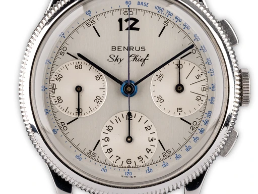Title: Sky Chief Chronograph "Tachymeter"
Brand: Benrus
Model: Sky Chief Chronograph "Tachymeter"
Ref: 2337
Category: Pilot
Diameter: 38mm
Functions: Kronograf
Year: 1950
Price: 35000
Condition: undefined
Dial Color: Sølv
Strap: Læder
Case material: Stål
Gender: Herre
Match: 100.0%
Billedet er ejet af Ole Mathiesen (101833) Et Benrus ur