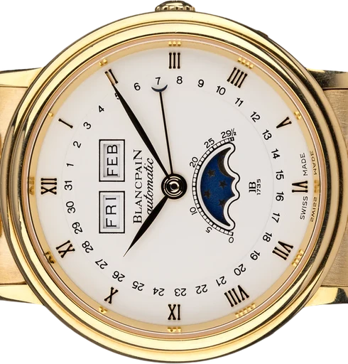 Title: Villeret Complete Calendar
Brand: Blancpain
Model: Villeret Complete Calendar
Ref: 6595-1418-31
Category: Dress
Diameter: 34mm
Functions: Dato, Ugedag, Månefase
Year: 1980
Price: 125000
Condition: 10.0
Dial Color: Hvid
Strap: Andet
Case material: Guld
Gender: Herre
Match: 100.0%
Billedet er ejet af Ole Mathiesen (121157) Et Blancpain ur