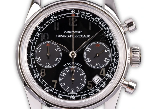 Title: Vintage 1999 Chronograph
Brand: Girard-Perregaux
Model: Vintage 1999 Chronograph
Ref: 4946
Category: Racing
Diameter: 38mm
Functions: Kronograf, Dato
Year: 2000
Price: 38000
Condition: undefined
Dial Color: Sort
Strap: Andet
Case material: Stål
Gender: Herre
Match: 100.0%
Billedet er ejet af Ole Mathiesen (258207) Et Girard-Perregaux ur