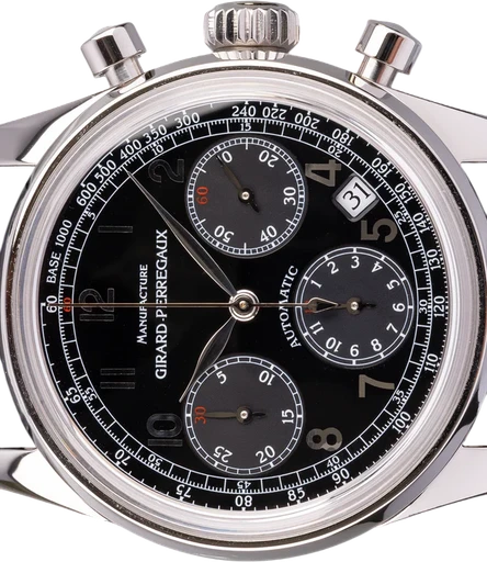 Title: Vintage 1999 Chronograph
Brand: Girard-Perregaux
Model: Vintage 1999 Chronograph
Ref: 4946
Category: Racing
Diameter: 38mm
Functions: Kronograf, Dato
Year: 2000
Price: 38000
Condition:
Dial Color: Sort
Strap: Læder
Case material: Stål
Gender: Herre
Match: 100.0%
Billedet er ejet af Ole Mathiesen (258207) Et Girard-Perregaux ur