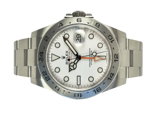 Title: Explorer II 216570
Brand: Rolex
Model: Explorer II
Ref: 216570
Category: Sport
Diameter: 42mm
Functions: Dato, GMT
Year: 2018
Price: 72000
Condition: undefined
Dial Color: Hvid
Strap: Metal
Case material: Stål
Gender: Herre
Match: 100.0%
Billedet er ejet af Stæhr Preowned (285763) Et Rolex ur