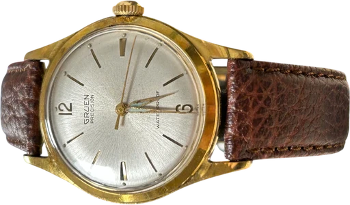 Title: Precision Waterproof 17 Jewels Swiss Anti Magnetic
Brand: Gruen
Model: Precision Waterproof
Ref: 510 RSS
Category: Dress
Diameter: 33mm
Functions:
Year: 1962
Price: 2200
Condition: 8.0
Dial Color: Sølv
Strap: Læder
Case material: Guld
Gender: Herre
Match: 100.0%
Billedet er ejet af Studts Vintage (152750) Et Gruen ur