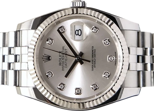Title: Datejust 36 mm
Brand: Rolex
Model: Datejust 36 mm
Ref: 116234
Category: Dress
Diameter: 36mm
Functions: Dato
Year: 2014
Price: 69995
Condition: 9.0
Dial Color: Sølv
Strap: Metal
Case material: Stål
Gender: Herre
Match: 100.0%
Billedet er ejet af TimeToWatch (861864) Et Rolex ur