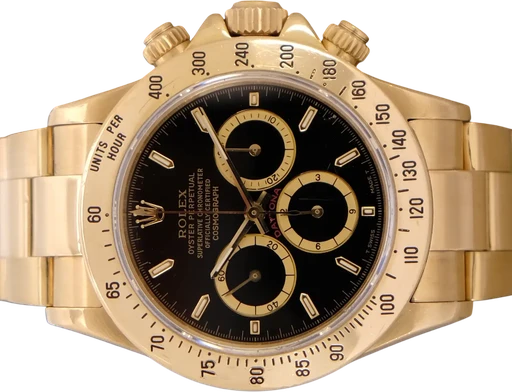Titel: Daytona
Mærke: Rolex
Model: Daytona
Ref.: 16520
Årgang: 1991
Tilbehør:
Stand: 8.5 (Brugt)
Pris: 239.995 kr.
Diameter: 40mm
Funktioner: Kronograf
Skivefarve: Sort
Rem: Metal
Kassemateriale: Guld
Kategori: Racing
Køn: Herre
Match: 100.0%
Billedet ejes af TimeToWatch (993837) Et Rolex ur