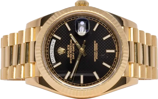 Title: Day-Date 40, Diagonal Motif, Sort, Guld, President
Brand: Rolex
Model: Day Date
Ref: 228238
Category: Dress
Diameter: 40mm
Functions: Dato, Ugedag
Year: 2016
Price: 299900
Condition: 7.5
Dial Color: Sort
Strap: Metal
Case material: Guld
Gender: Herre
Match: 100.0%
Billedet er ejet af Urhandleren (102490) Et Rolex ur