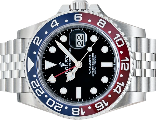 Titel: GMT-Master ll 126710BLRO (Pepsi)
Mærke: Rolex
Model: GMT-II Master
Ref.: 126710BLRO
Årgang: 2023
Tilbehør: Boks og Papirer
Stand: 10.0 (Nyt)
Pris:
Diameter: 40mm
Funktioner: Dato, GMT
Skivefarve: Sort
Rem: Metal
Kassemateriale: Stål
Kategori: Pilot
Køn: Herre
Match: 100.0%
Billedet ejes af Urbørsen (102219) Et Rolex ur